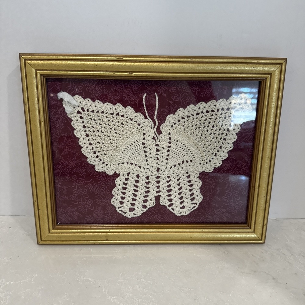 Vtg 80' Framed Crochet Butterfly Pink Floral Fabric Art CottageCore Retro